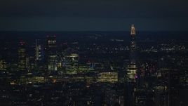5.5K aerial stock footage of a view of The Shard and skyscrapers in Central London, England, night Aerial Stock Footage | AX116_200