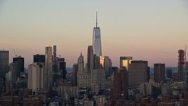 5.5K aerial stock footage of Freedom Tower at sunrise in Lower Manhattan, New York City Aerial Stock Footage | AX118_070