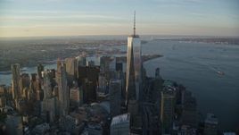5.5K aerial stock footage of a wide orbit of Freedom Tower at sunrise in Lower Manhattan, New York City Aerial Stock Footage | AX118_096E