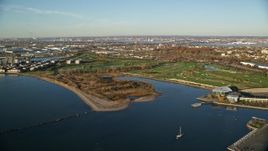 5.5K aerial stock footage of Waterfront Golf Course at sunrise in Jersey City, New Jersey Aerial Stock Footage | AX118_218E