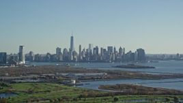 5.5K aerial stock footage of the towering skyline of Lower Manhattan in Autumn, New York City Aerial Stock Footage | AX119_005E