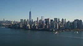 5.5K aerial stock footage of approaching the skyline of Lower Manhattan, New York City Aerial Stock Footage | AX119_014