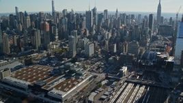 5.5K aerial stock footage of convention center and West Side Yard in Hell's Kitchen in Midtown, New York City Aerial Stock Footage | AX119_026E