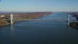 5.5K aerial stock footage of approaching George Washington Bridge in Autumn, New York City Aerial Stock Footage | AX119_043