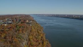 5.5K aerial stock footage of St Peter's College and Hudson River in Autumn, Englewood Cliffs, New Jersey Aerial Stock Footage | AX119_051