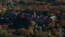 5.5K aerial stock footage of the College of Mount Saint Vincent in Autumn, Yonkers, New York Aerial Stock Footage | AX119_061E