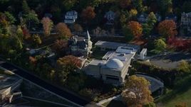 5.5K aerial stock footage of a riverfront museum, mansion, amphitheater in Autumn, Yonkers, New York Aerial Stock Footage | AX119_069E