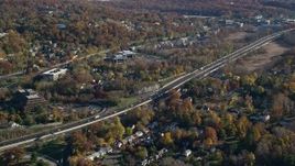 5.5K aerial stock footage of light highway traffic in Autumn, Tarrytown, New York Aerial Stock Footage | AX119_086