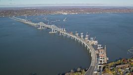 5.5K aerial stock footage orbit Tappan Zee Bridge in Autumn, Tarrytown, New York Aerial Stock Footage | AX119_087