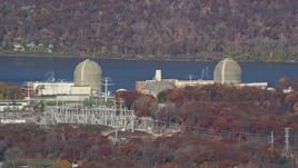 5.5K aerial stock footage of the Indian Point Nuclear Power Plant in Autumn, Buchanan, New York Aerial Stock Footage | AX119_138E