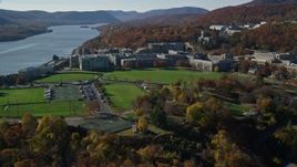 5.5K aerial stock footage of circling West Point Military Academy in Autumn, West Point, New York Aerial Stock Footage | AX119_169E
