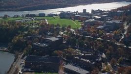 5.5K aerial stock footage orbit the campus of West Point Military Academy in Autumn, West Point, New York Aerial Stock Footage | AX119_173