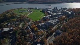 5.5K aerial stock footage of circling the West Point Military Academy campus in Autumn, West Point, New York Aerial Stock Footage | AX119_174E