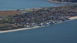 5.5K aerial stock footage of small town beachfront homes in Autumn, Bayville, New York Aerial Stock Footage | AX119_237