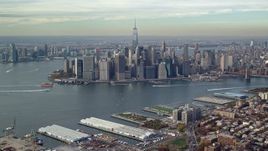 5.5K aerial stock footage approach Lower Manhattan skyscrapers in Autumn, New York City Aerial Stock Footage | AX120_089E