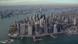 5.5K aerial stock footage approach Lower Manhattan from the river in Autumn, New York City Aerial Stock Footage | AX120_092E