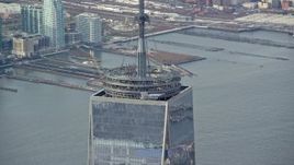 5.5K aerial stock footage of the top of Freedom Tower in Lower Manhattan, New York City Aerial Stock Footage | AX120_099