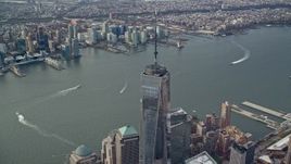 5.5K aerial stock footage of approaching the top of Freedom Tower in Lower Manhattan, New York City Aerial Stock Footage | AX120_100E