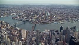 5.5K aerial stock footage of the Brooklyn Bridge, Manhattan Bridge and Brooklyn skyscrapers, New York City Aerial Stock Footage | AX120_105