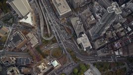 5.5K aerial stock footage bird's eye of Brooklyn Bridge Promenade in Autumn, Lower Manhattan, New York City Aerial Stock Footage | AX120_106
