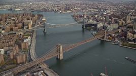 5.5K aerial stock footage of approaching the Manhattan and Brooklyn Bridges in New York City Aerial Stock Footage | AX120_128