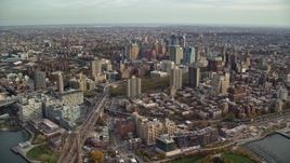 5.5K aerial stock footage approach skyscrapers in Autumn, Brooklyn, New York City Aerial Stock Footage | AX120_129E