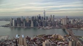 5.5K aerial stock footage of an approach to the Lower Manhattan skyline from Brooklyn, New York City Aerial Stock Footage | AX120_133E