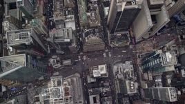 5.5K aerial stock footage of a bird's eye of light traffic on Broadway in Times Square, Midtown Manhattan, New York City Aerial Stock Footage | AX120_178E