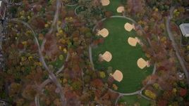 5.5K aerial stock footage of bird's eye of a theater and baseball diamonds in Central Park in Autumn, New York City Aerial Stock Footage | AX120_197
