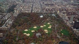 5.5K aerial stock footage approach baseball diamonds in Central Park in Autumn, New York City Aerial Stock Footage | AX120_198E