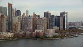 5.5K aerial stock footage of Battery Park and riverfront high-rises in Autumn, Lower Manhattan, New York City Aerial Stock Footage | AX120_249