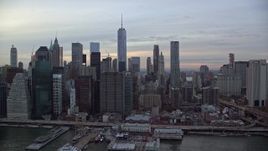 5.5K aerial stock footage of the city's skyscrapers in Lower Manhattan at twilight, New York City Aerial Stock Footage | AX121_024