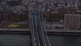5.5K aerial stock footage orbit the Manhattan Bridge at twilight in New York City Aerial Stock Footage | AX121_025