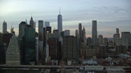 5.5K aerial stock footage of skyscrapers in Lower Manhattan at twilight in New York City Aerial Stock Footage | AX121_038E