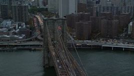 5.5K aerial stock footage orbit Brooklyn Bridge at twilight in New York City Aerial Stock Footage | AX121_040