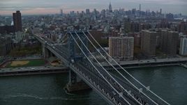 5.5K aerial stock footage orbit Manhattan Bridge at twilight in New York City Aerial Stock Footage | AX121_041