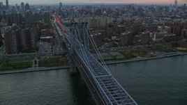 5.5K aerial stock footage orbit Williamsburg Bridge at twilight in New York City Aerial Stock Footage | AX121_045