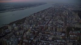 5.5K aerial stock footage of apartment buildings on the Upper West Side at twilight in New York City Aerial Stock Footage | AX121_093E