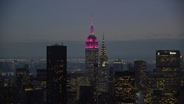 5.5K aerial stock footage of Empire State and Chrysler Buildings at twilight in Midtown, New York City Aerial Stock Footage | AX121_119E
