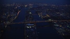 5.5K aerial stock footage orbit Queensboro Bridge and Roosevelt Island at Night in New York City Aerial Stock Footage | AX121_141