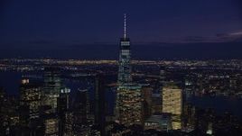 5.5K aerial stock footage of Freedom Tower in Lower Manhattan, New York City at Night Aerial Stock Footage | AX121_159E