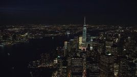5.5K aerial stock footage of a view of World Trade Center skyscrapers at Night in New York City Aerial Stock Footage | AX121_189E