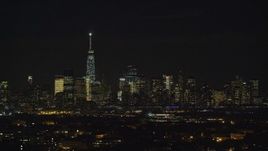 5.5K aerial stock footage of Lower Manhattan skyscrapers in NYC seen from Jersey City at Night Aerial Stock Footage | AX121_202E