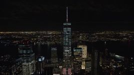 5.5K aerial stock footage of a wide orbit of Freedom Tower at Night in Lower Manhattan, New York City Aerial Stock Footage | AX122_039E