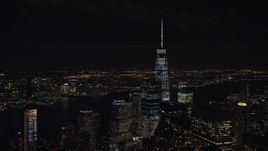 5.5K aerial stock footage of World Trade Center skyscrapers in Lower Manhattan at Night in New York City Aerial Stock Footage | AX122_041