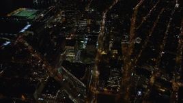 5.5K aerial stock footage orbit Soho office buildings at Night in Lower Manhattan, New York City Aerial Stock Footage | AX122_049