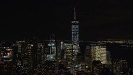 5.5K aerial stock footage approach and orbit Freedom Tower and Lower Manhattan at Night in NYC Aerial Stock Footage | AX122_059E