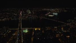 5.5K aerial stock footage of an approach Brooklyn and Manhattan Bridge at Night in NYC Aerial Stock Footage | AX122_064E