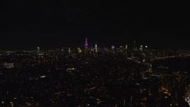 5.5K aerial stock footage orbit of Midtown Manhattan skyscrapers at Night in NYC Aerial Stock Footage | AX122_069