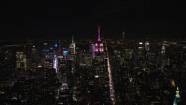 5.5K aerial stock footage approach Empire State Building with pink and white lights at Night in Midtown, NYC Aerial Stock Footage | AX122_106E
